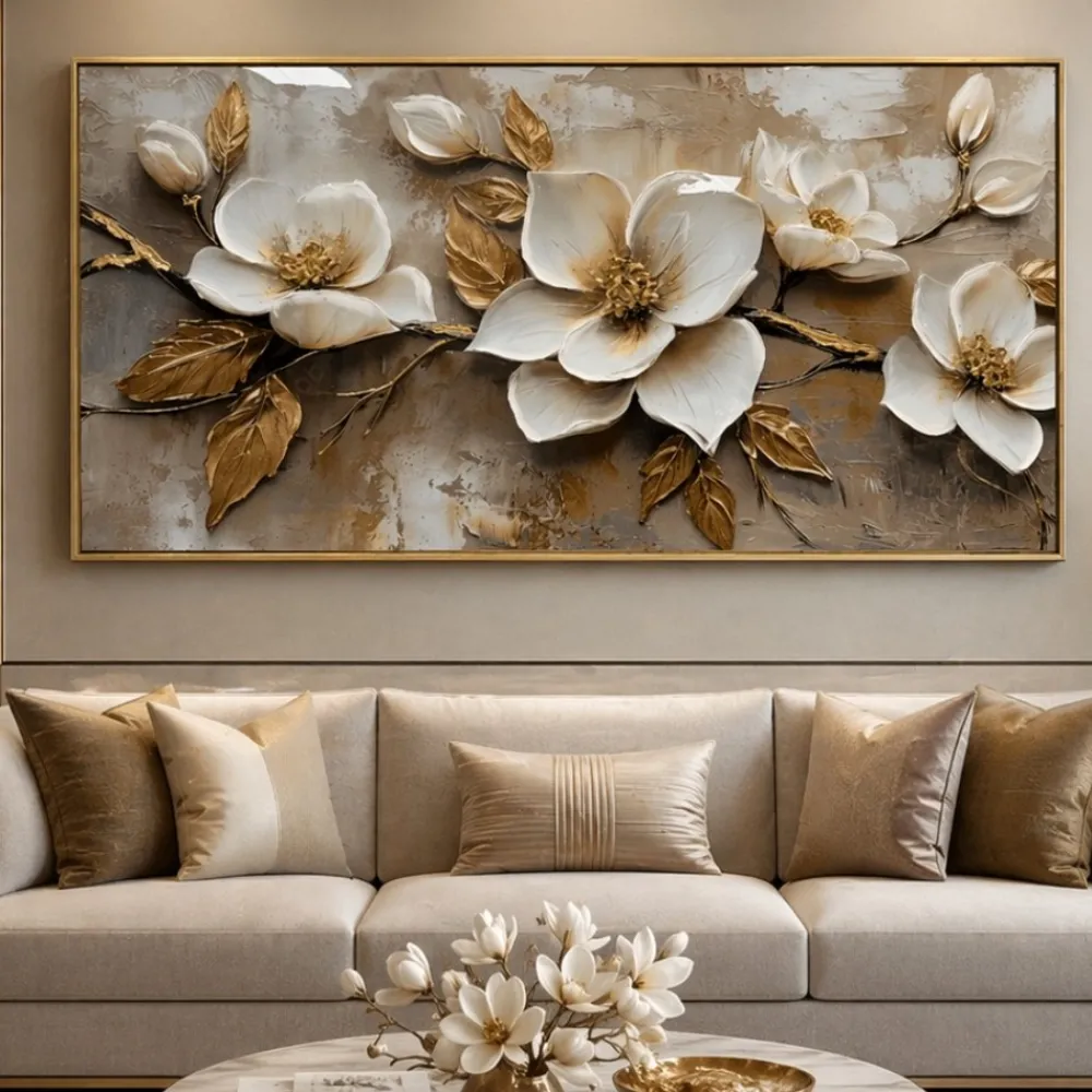 Quadri Moderni-Selezionato da Mazzolaluce Quadro floreale avorio oro 150x75cm decoro resina lucido cornice oro
