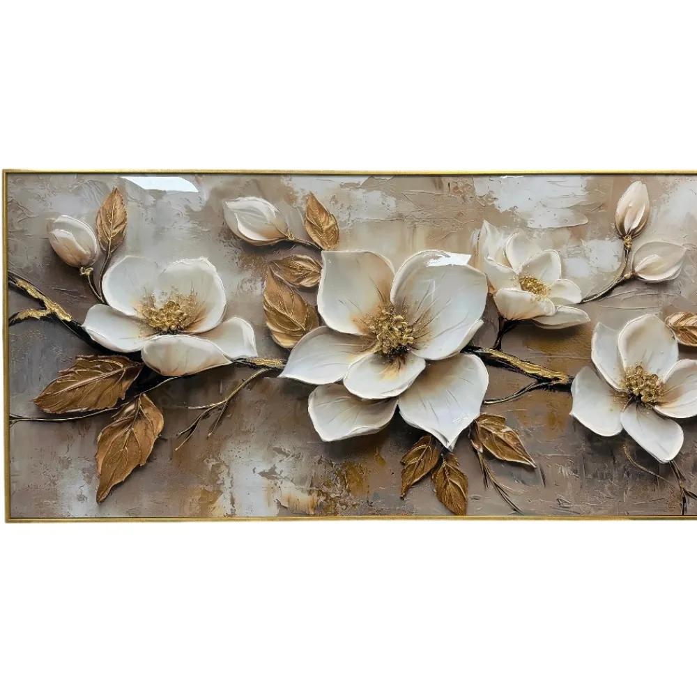 Quadri Moderni-Selezionato da Mazzolaluce Quadro floreale avorio oro 150x75cm decoro resina lucido cornice oro