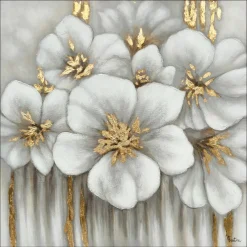 Quadri Moderni-Selezionato da Mazzolaluce Quadro floreale bianco grigio oro materico con cornice 100x100