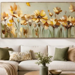 Quadri Moderni-Selezionato da Mazzolaluce Quadro floreale 140x70 fiori di campo gialli cornice oro