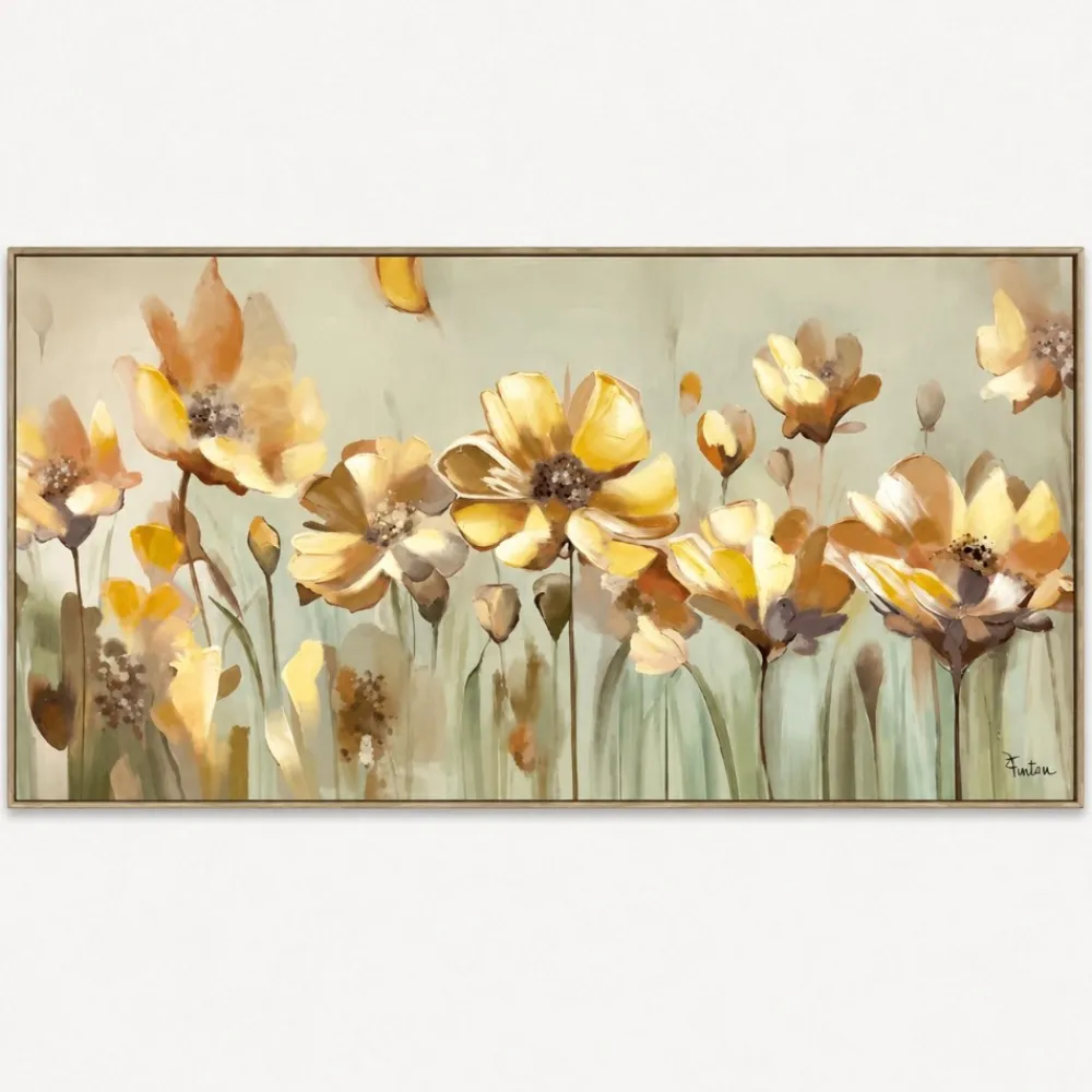 Quadri Moderni-Selezionato da Mazzolaluce Quadro floreale 140x70 fiori di campo gialli cornice oro