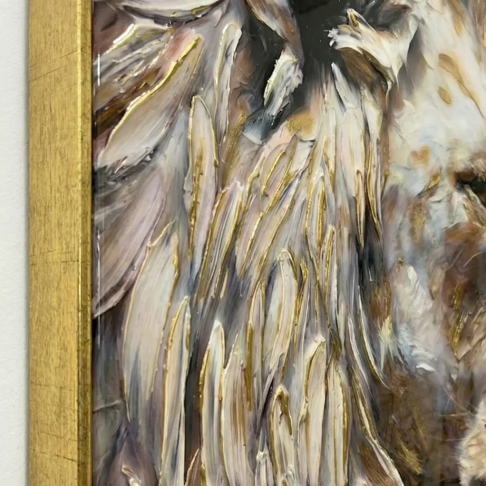 Quadri Moderni-Selezionato da Mazzolaluce Quadro leone in resina decorata 90x90 cornice oro per soggiorno