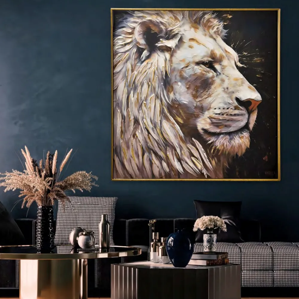 Quadri Moderni-Selezionato da Mazzolaluce Quadro leone in resina decorata 90x90 cornice oro per soggiorno