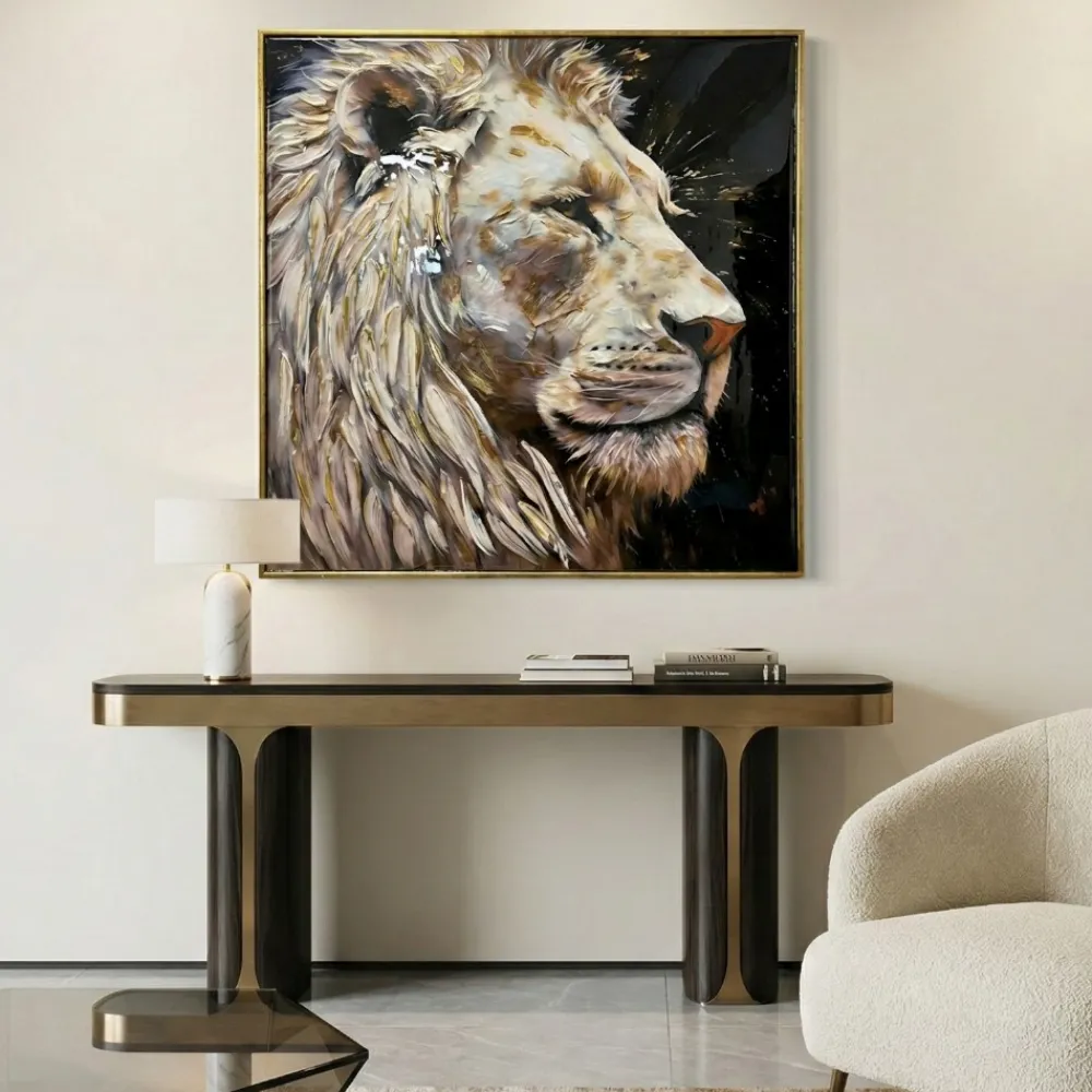 Quadri Moderni-Selezionato da Mazzolaluce Quadro leone in resina decorata 90x90 cornice oro per soggiorno