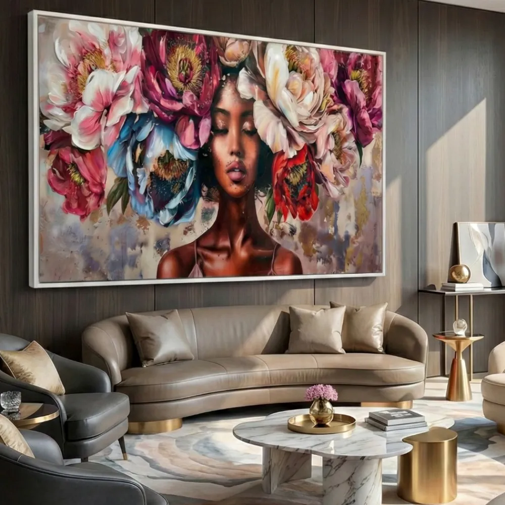 Quadri Moderni-Selezionato da Mazzolaluce Quadro moderno donna floreale 150x75 decoro resina cornice bianca