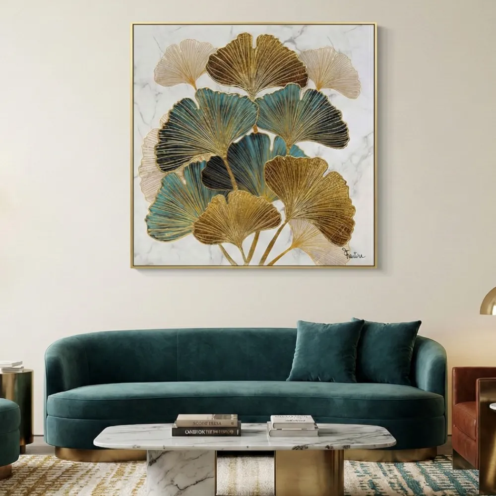 Quadri Moderni-Selezionato da Mazzolaluce Quadro moderno foglie di ginkgo tela dipinta con cornice 100x100