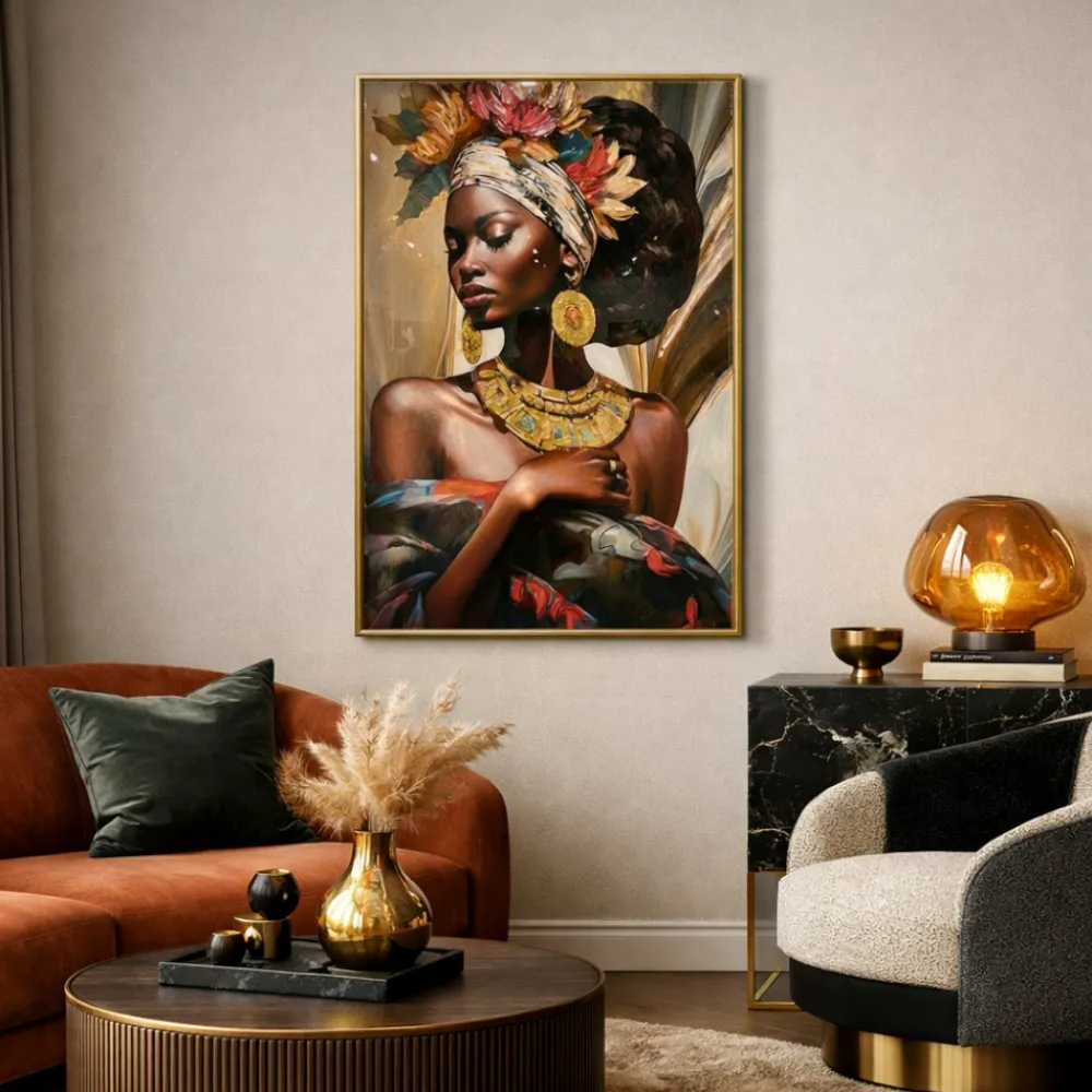 Quadri Moderni-Selezionato da Mazzolaluce Quadro verticale donna intensa 80x120 in resina decoro cornice oro