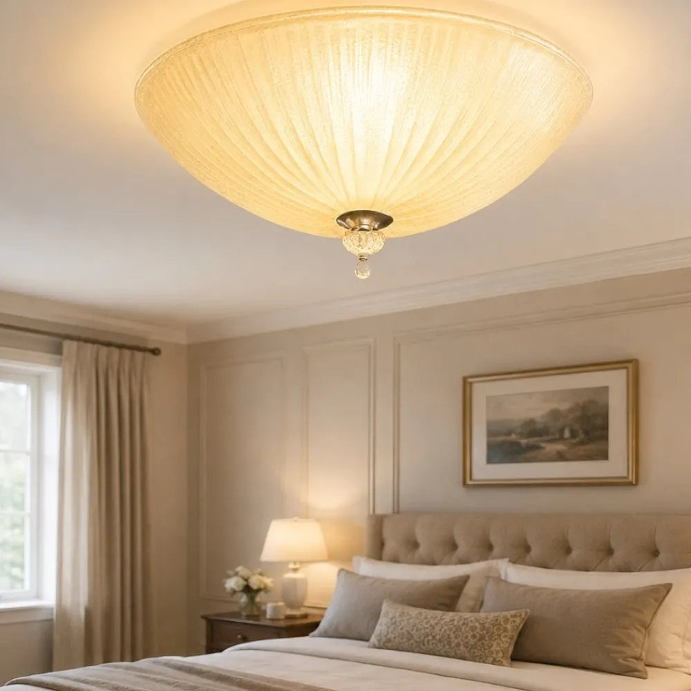 Plafoniere Moderne-Ideal Lux Shell pl3 plafoniera camera da letto rotonda vetro granigliato ambra