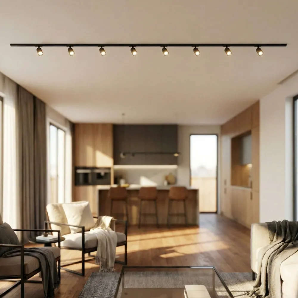 Illuminazione A Binario-Selezionato da Mazzolaluce Sistema illuminazione a binario 300cm nero con 8 spot oro