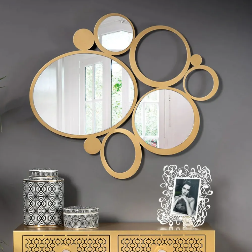 Specchi Da Parete-Selezionato da Mazzolaluce Specchio da parete grande 90x79 cerchi oro design moderno