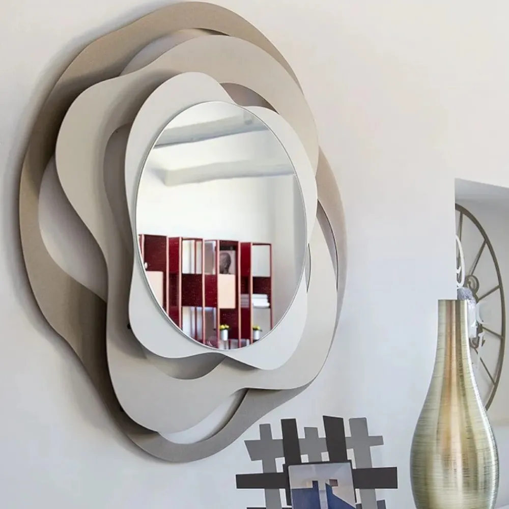 Specchi Da Parete-Selezionato da Mazzolaluce Specchio da parete rotondo design onde beige sabbia bianco 83x80