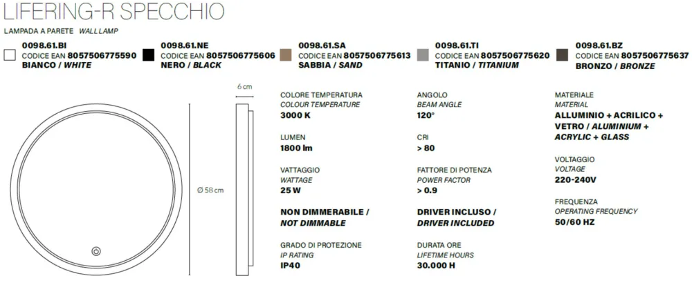 Specchi Da Parete-Vivida International Specchio da parete rotondo sabbia vivida lifering led 25w 3000k per camera da letto