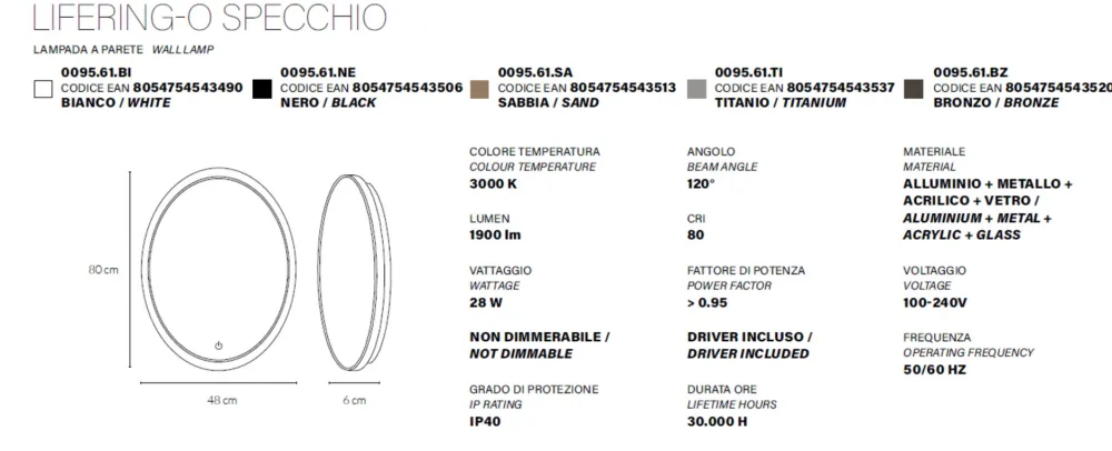 Specchi Da Parete-Vivida International Specchio ovale da parete sabbia vivida lifering touch led 28w 3000k