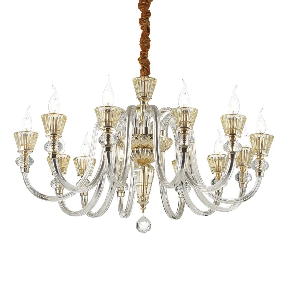 Lampadari Moderni-Ideal Lux Strauss sp12 lampadario di cristallo 12 bracci goccia ambra e oro rosa