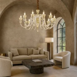 Lampadari Moderni-Ideal Lux Strauss sp12 lampadario di cristallo 12 bracci goccia ambra e oro rosa