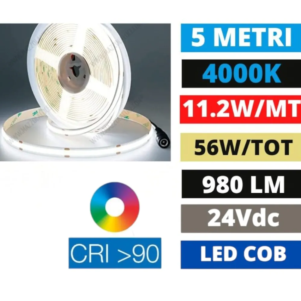 Strisce Led-Selezionato da Mazzolaluce Strip led cob 11,2w-mt 4000k 24vdc bobina 5mt cri90