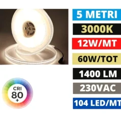 Strisce Led-Selezionato da Mazzolaluce Strip led per esterni 230vac 12w-mt 3000k bobina 5mt cri80 ip65