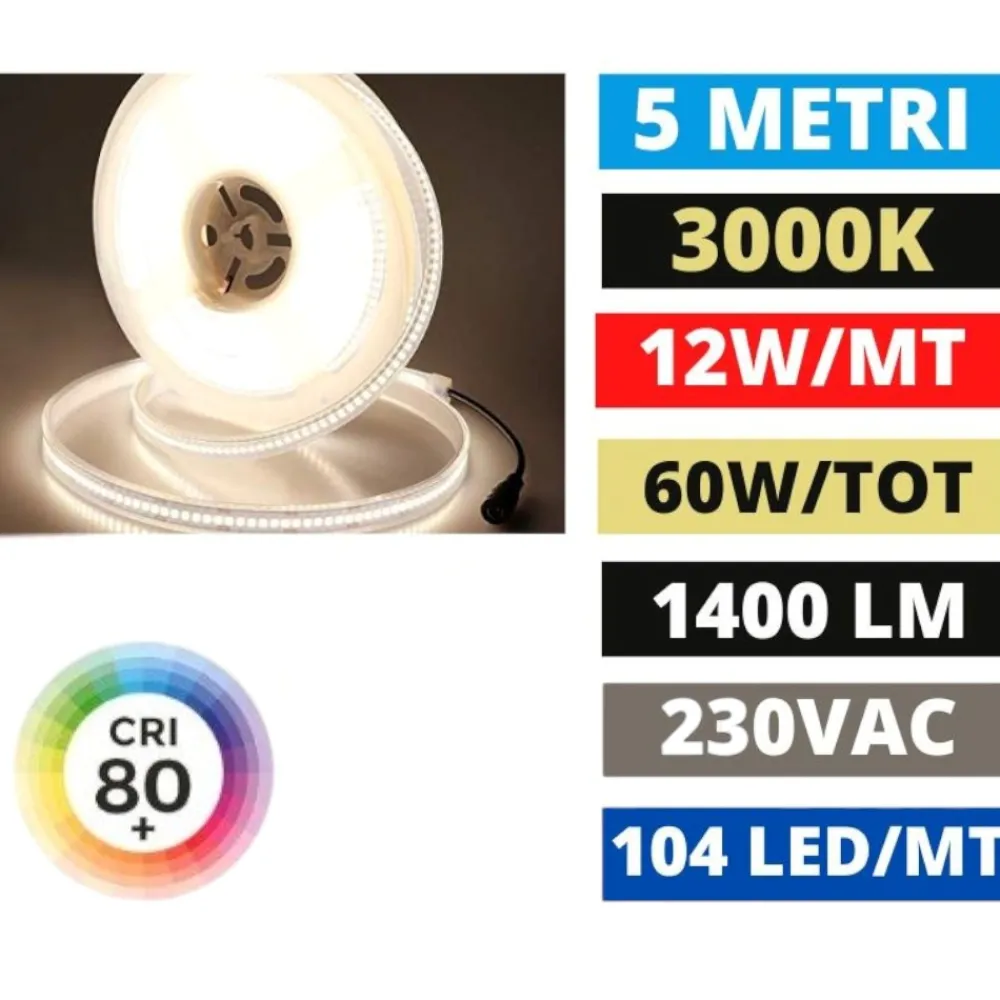 Strisce Led-Selezionato da Mazzolaluce Strip led per esterni 230vac 12w-mt 3000k bobina 5mt cri80 ip65