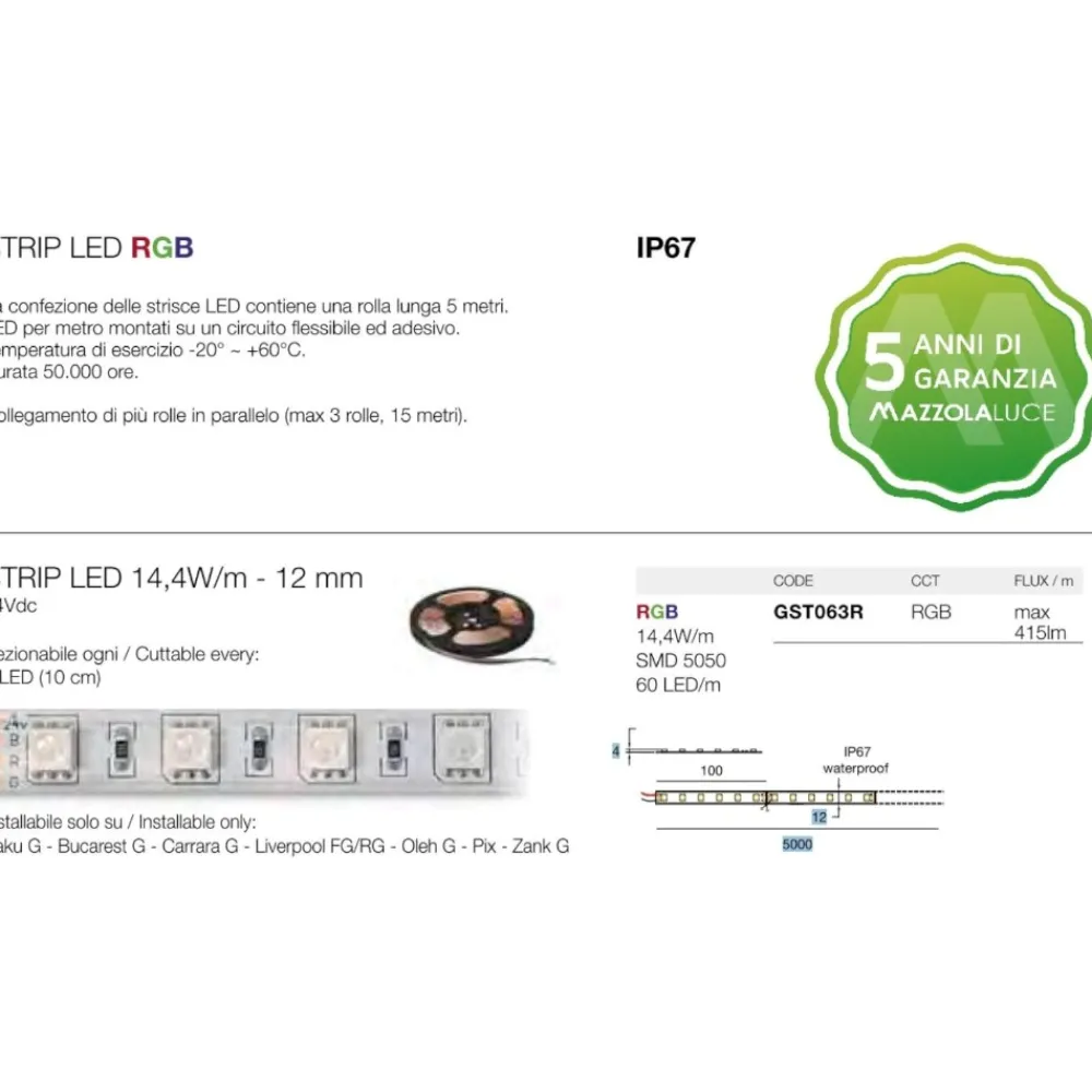 Strisce Led-Gea Luce Striscia rgb per esterni ip67 bobina 5 mt 14,4w mt 24v