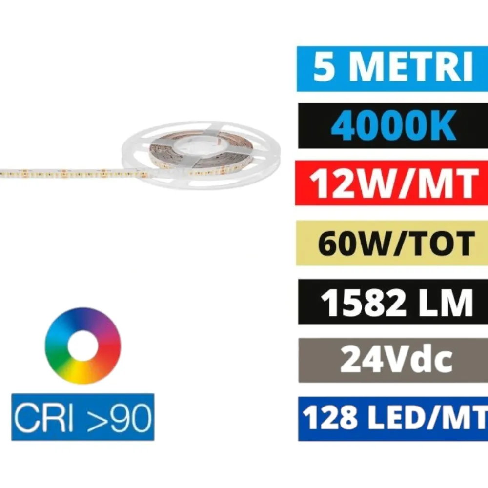 Strisce Led-Gea Luce Striscia led smd bobina 5 mt 12w 4000k cri90 24vdc