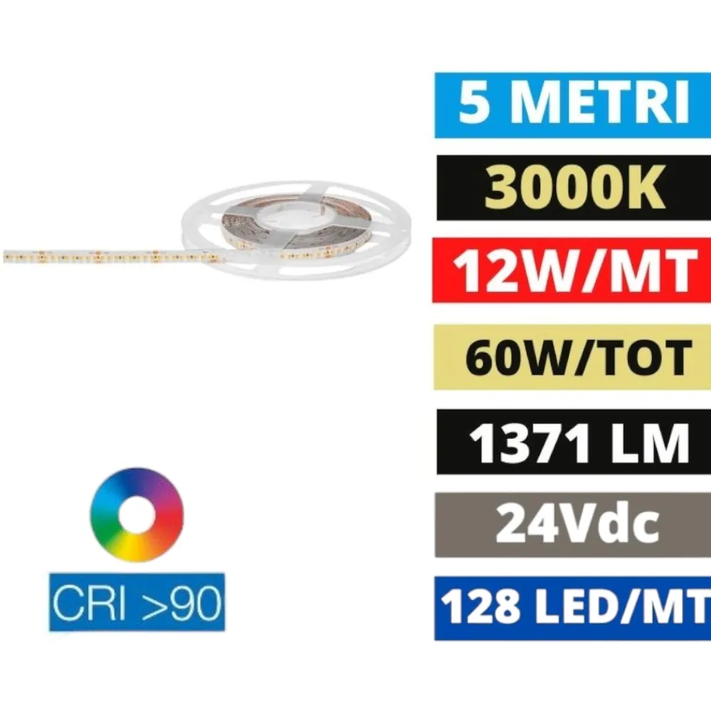 Strisce Led-Gea Luce Striscia led smd bobina 5 mt 12w-mt 3000k cri90 24v dc