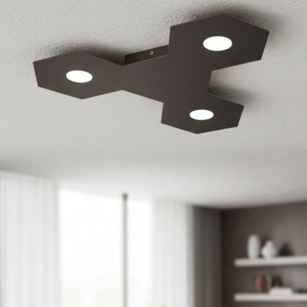 Plafoniere Moderne-Top Light Toplight hexagon plafoniera led 3 luci + 1 piastra metallo marrone