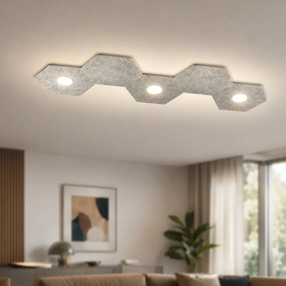 Plafoniere Moderne-Top Light Toplight plafoniera hexagon 3 luci led + 2 placche foglia argento