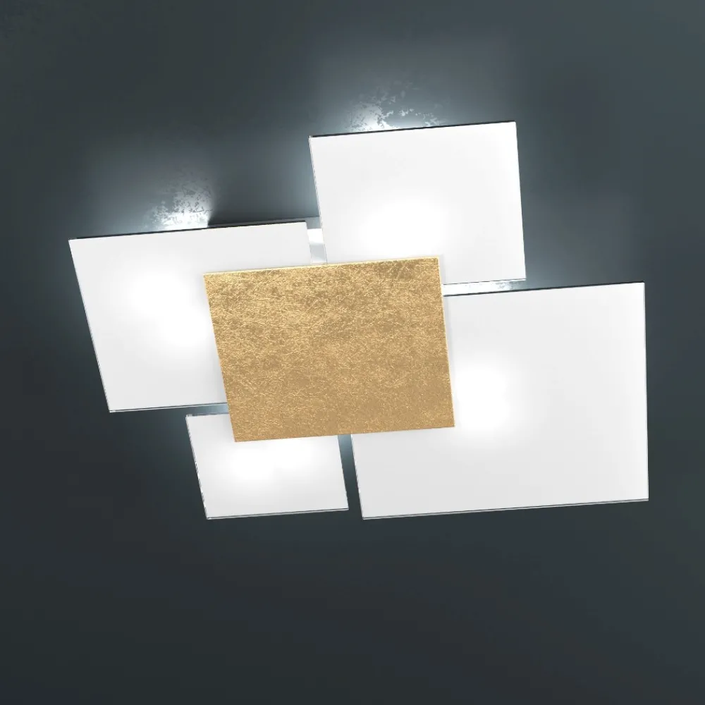 Plafoniere Moderne-Top Light Toplight upgrade plafoniera vetro bianco foglia oro rettangolare