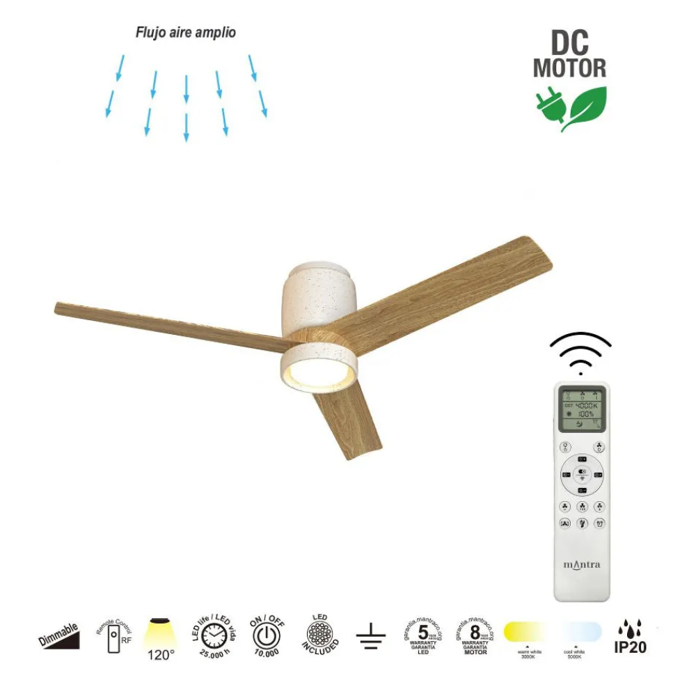 Ventilatori Da Soffitto-Selezionato da Mazzolaluce Ventilatore da soffitto ceramica beige pale legno luce led cct 13-20mq con telecomando