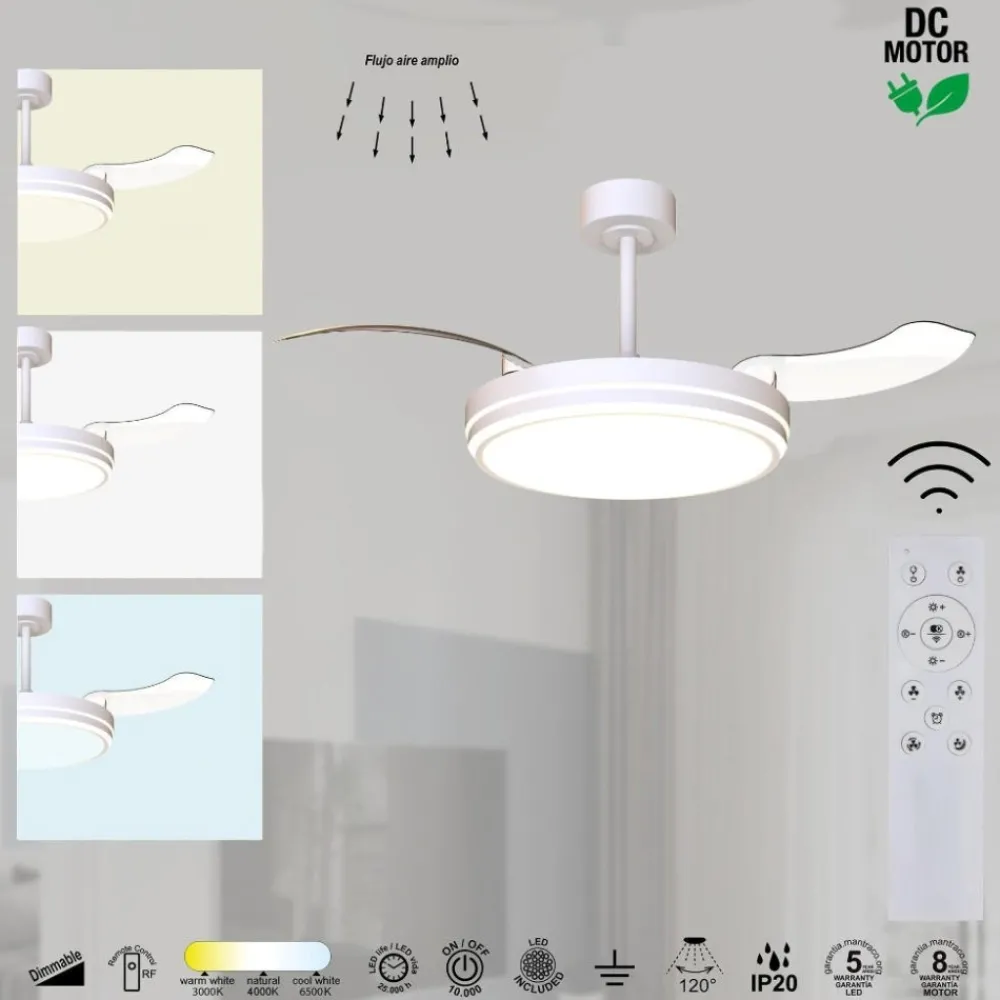 Ventilatori Da Soffitto-Selezionato da Mazzolaluce Ventilatore da soffitto 13-20mq pale retrattili bianco led con telecomando