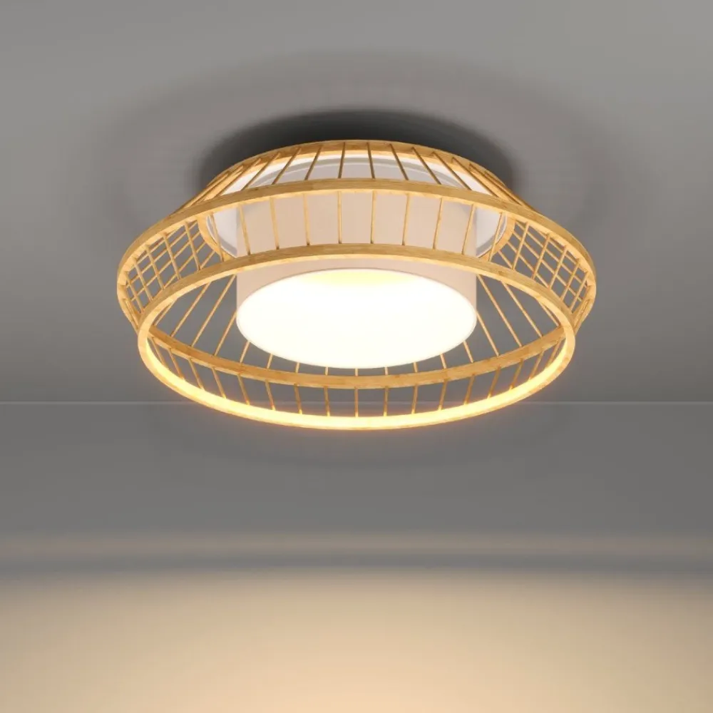 Plafoniere Moderne-Eglo Yuku z plafoniera smart da cucina in legno e tessuto led rgb da 2700k a 6500k